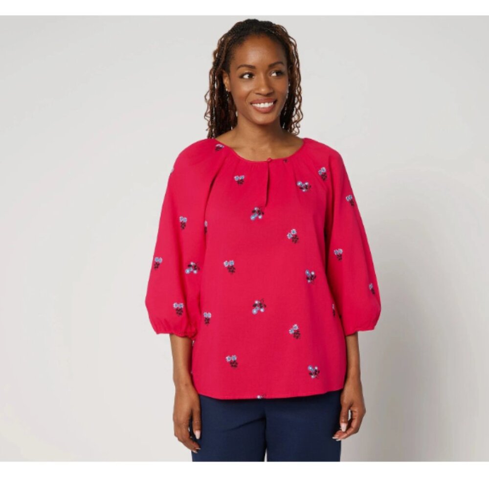 by Stacy London 100% Cotton Floral Embroidered Blouse-Red-XL-NEW-A691923